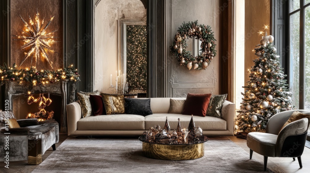 Elegant Christmas Living Room with Glamorous Decorations and Tree