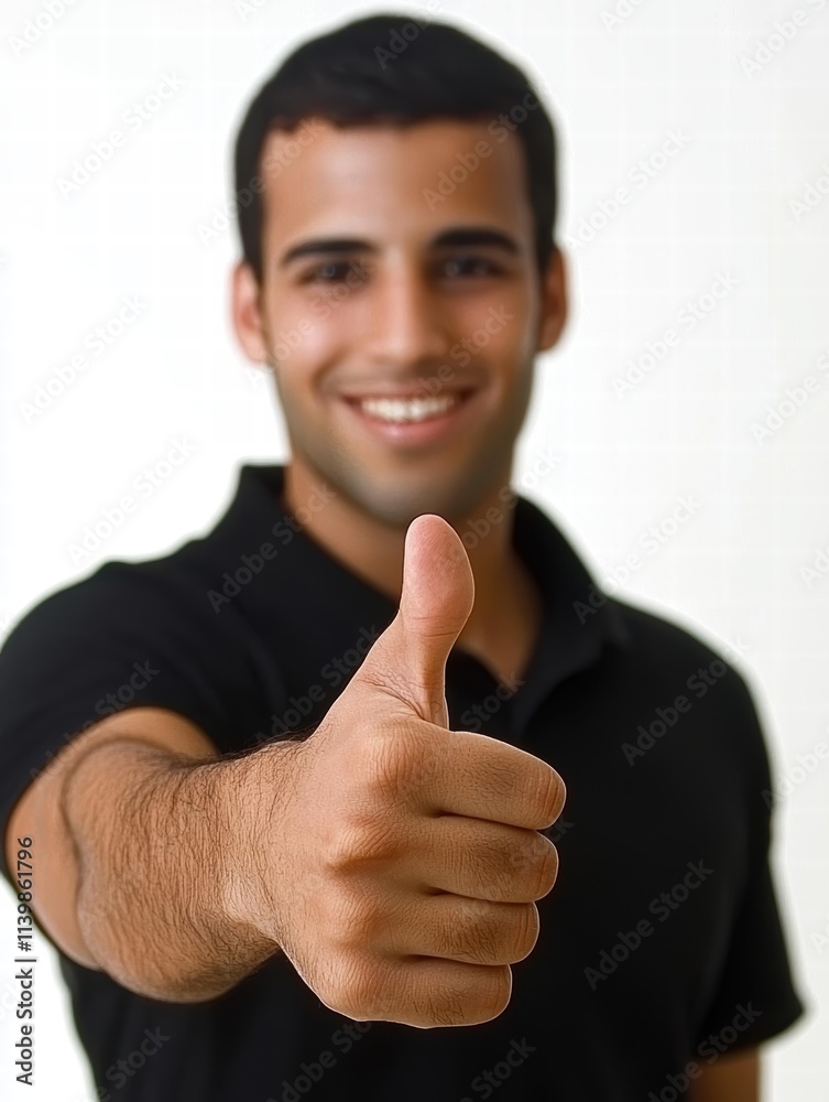 Young Man Giving Thumbs Up Gesture in Casual Black Shirt Young Man Giving Thumbs Up Gesture in Casual Black Shirt