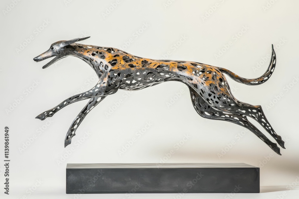 Obraz premium Leaping metallic hound sculpture, cutout design.