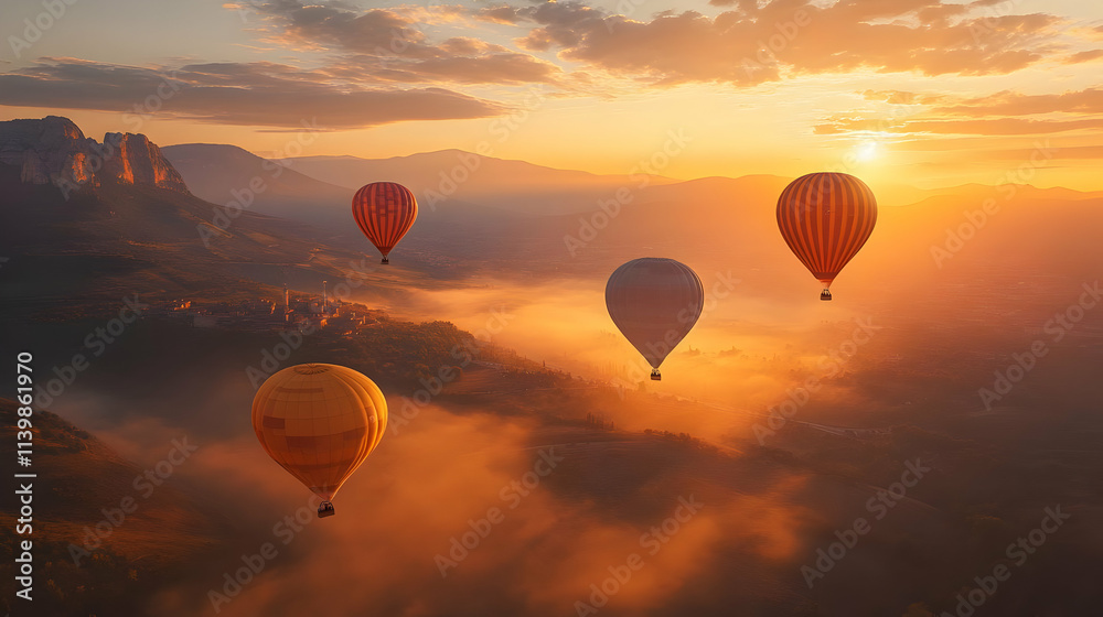Obraz premium Sunrise Hot Air Balloons Landscape Illustration