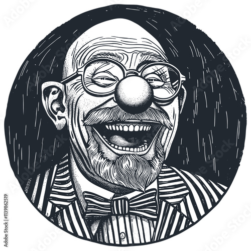 Black and white illustration of a laughing mustachioed man in glasses and a bow tie, with a clown nose, vector illustration.