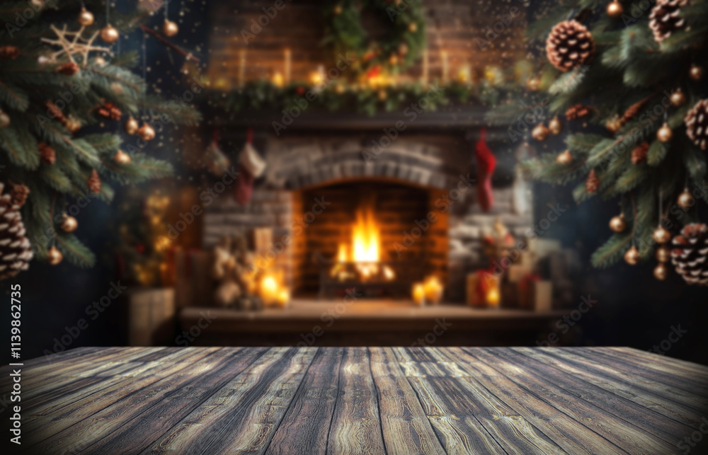 Obraz premium Creative out-of-focus Christmas and New Year design.Christmas background of christmas pine tree and fireplace inside the living room.3d illustration.