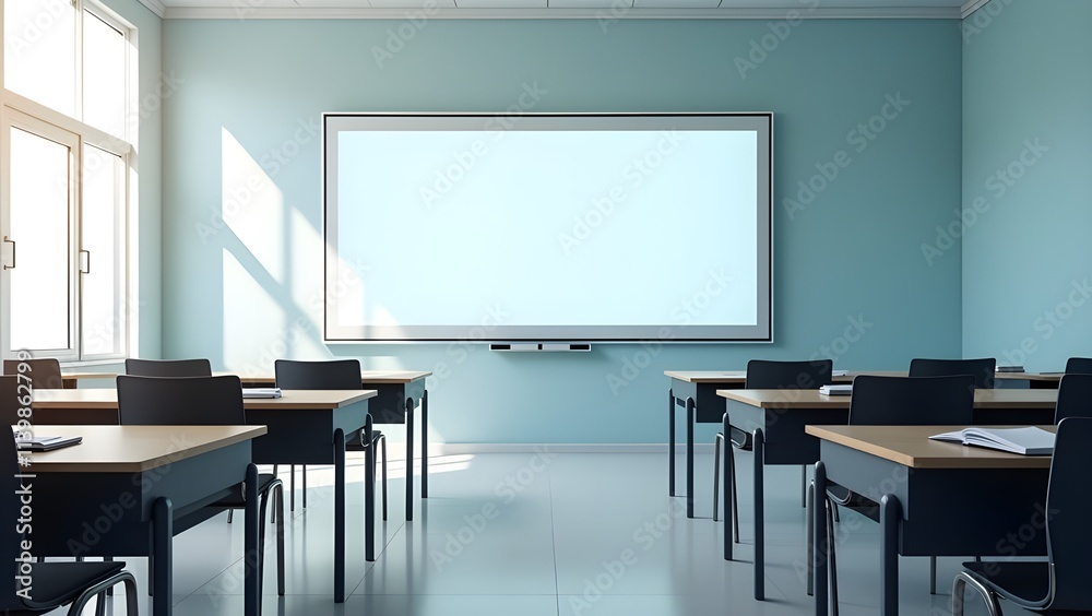Minimalist classroom with bookshelves and chalkboard Minimalist classroom with bookshelves and chalkboard