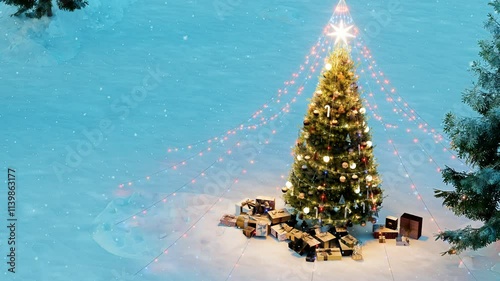 hristmas tree on the snowvy decoration with lighting, present boxes, gold and silver balls for celebrate Christmas and New Year. 3d rendering 4K footage. photo