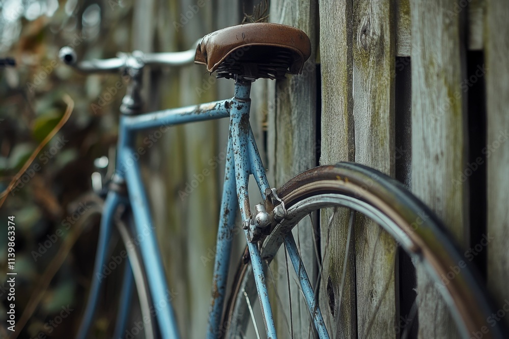 Obraz premium Rusty blue bicycle leans against weathered fence.
