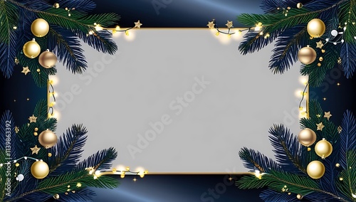 Festive Christmas Frame With Gold Ornaments And Lights