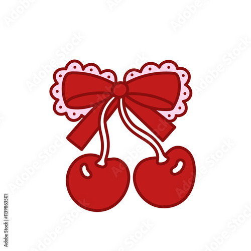 Coquette red bow with cherry berry. Elegant bow knot, gift bow with lace. Beautiful holiday decorative element, festive present decor. Vintage hand drawn clipart