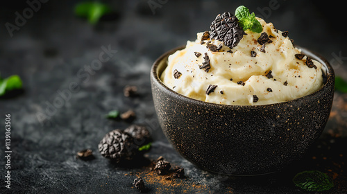 Delicious Truffleinfused Cream Ice Cream Bowl with Chocolate Chips for Gourmet Food Menu Photography photo