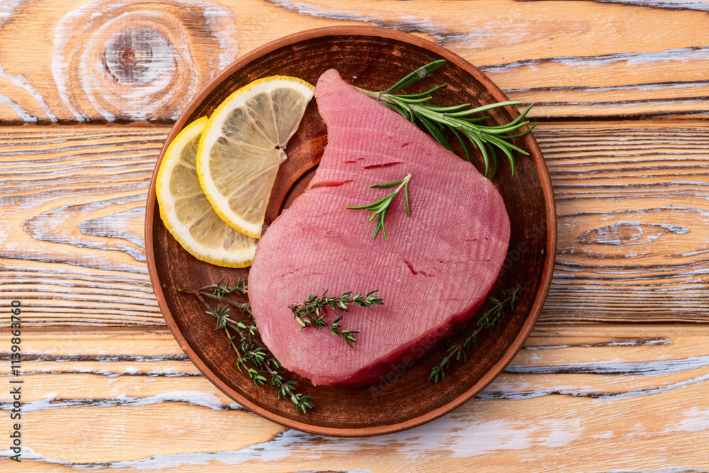Raw tuna steak ( fillet ) photography . Top view Raw tuna steak ( fillet ) photography . Top view