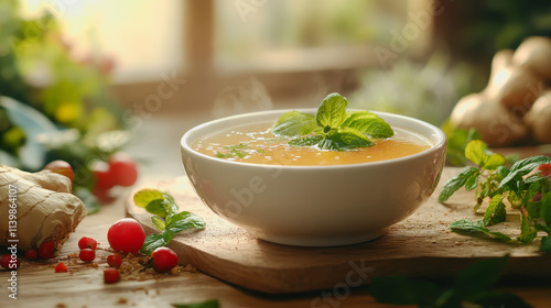 Timeless ginger broth photography showcasing fresh vegetables in a vibrant food menu for culinary enthusiasts photo