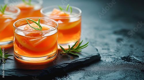 Delicious tomato consomme cocktail served in elegant glasses garnished with fresh rosemary sprigs for food menu