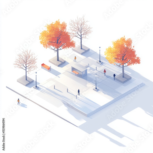 minimal isometric illustration of pedestrian friendly park with trees photo