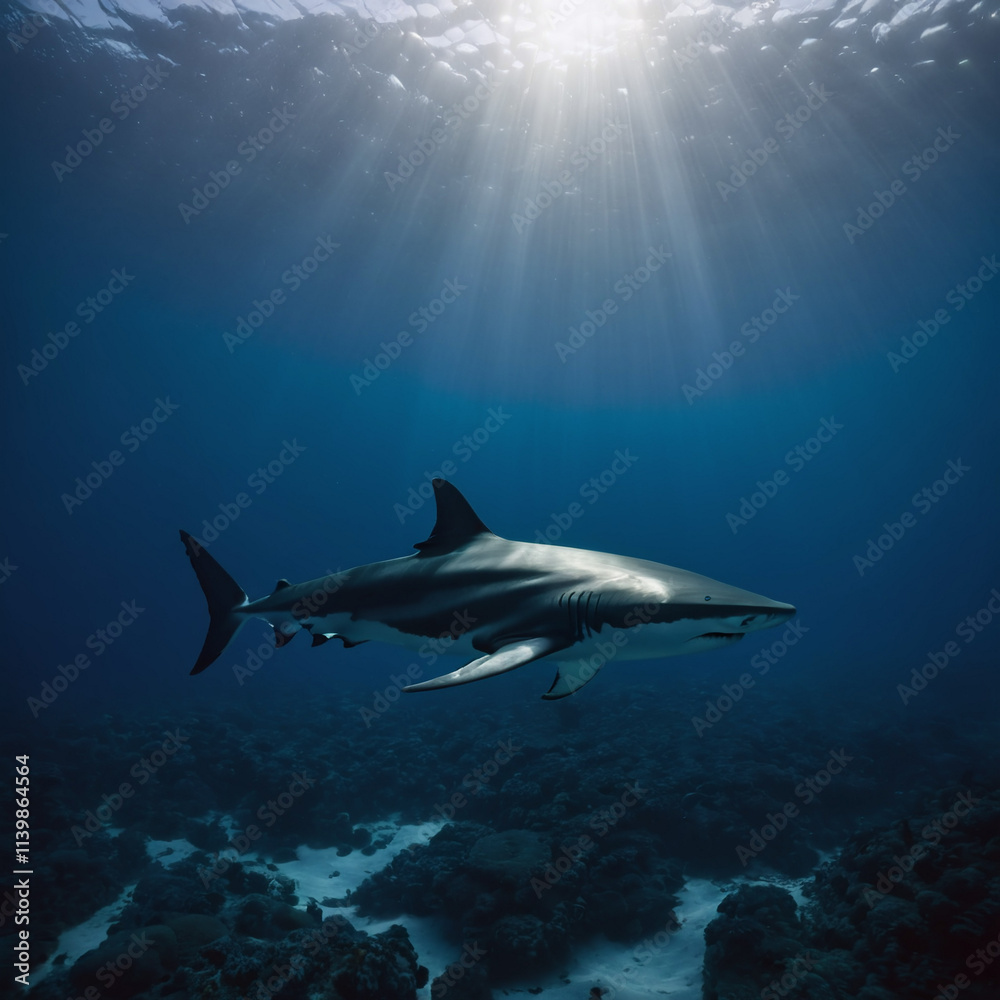 Fototapeta premium haie, ozean, tiefes wasser, große haie, meer, gefährliche haie, blau, unterwasserwelt, raubfische, meerestiere, aquatisch, schwimmen, ozeanleben, wasserwelt, tiefsee, fischarten, majestätisch, haiflos