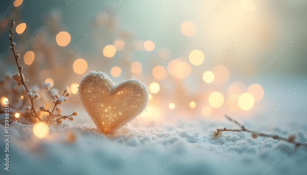 Obraz premium Wooden heart shapes on a snowy background with a blurred bokeh effect and sparkling lights