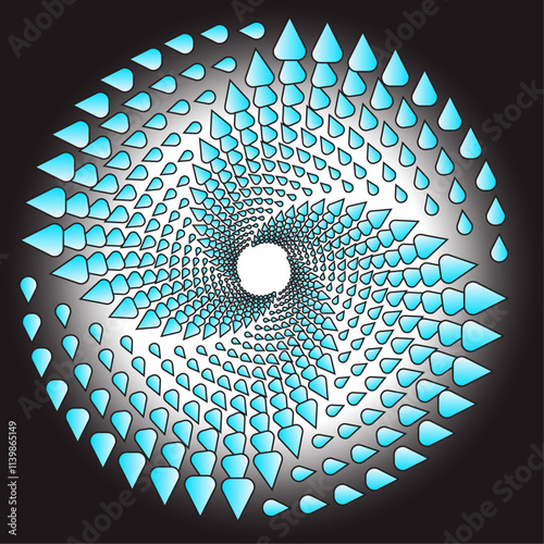 Abstract illustration of various colored water drops rotating pattern on black and white background