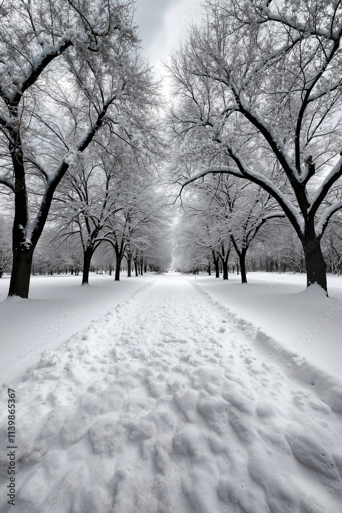 A snow covered path in the middle of a snowy park A snow covered path in the middle of a snowy park