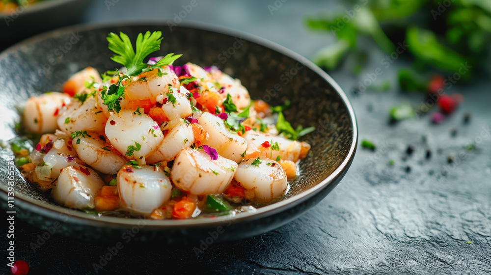 Delicious Scallop Ceviche Recipe Bowl of Shrimp Carrot Salad with Fresh Herbs for Food Photography Menu Delicious Scallop Ceviche Recipe Bowl of Shrimp Carrot Salad with Fresh Herbs for Food Photography Menu