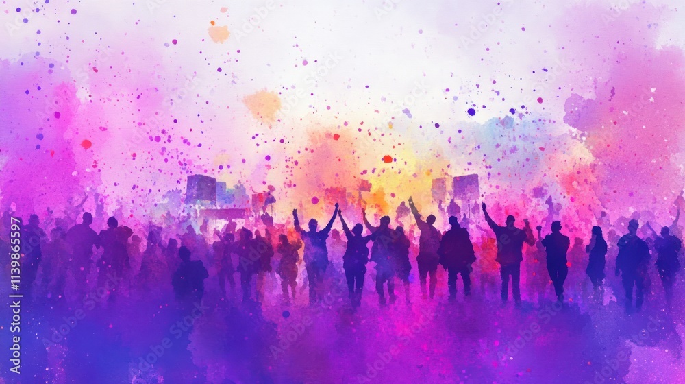 Obraz premium Silhouettes of people celebrating at a colorful festival with confetti falling.