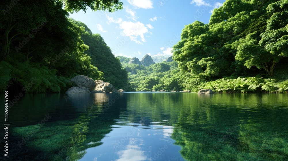 Serene Lake Surrounded by Lush Green Trees Serene Lake Surrounded by Lush Green Trees