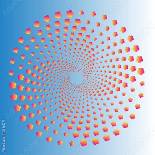 Abstract illustration of pattern of various colored water drops rotating star pattern on light green and white background