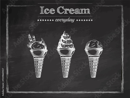 Hand-drawn vintage ice cream cones sketch on chalkboard background