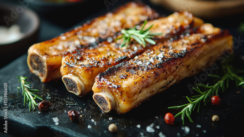 Delicious Roasted Bone Marrow Dish with Herbs on Black Plate Perfect for Food Menu Photography and Marketing photo