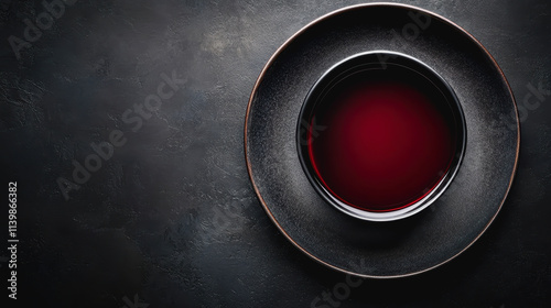 Red wine jus photography showcasing glass of red wine on black surface for food menu and culinary delights photo