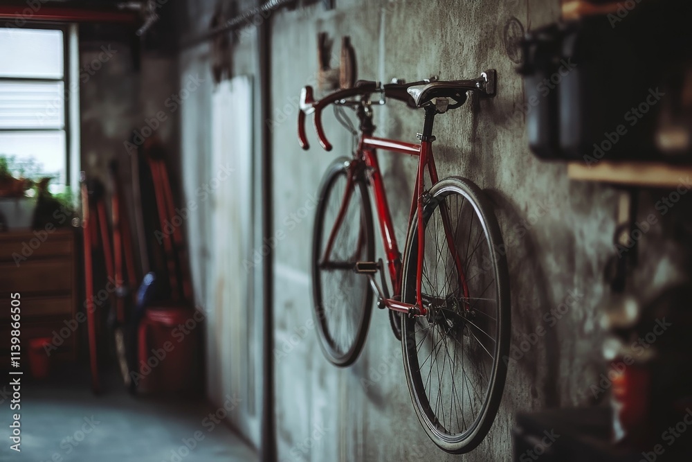 Red bicycle hangs wall, garage storage. Red bicycle hangs wall, garage storage.