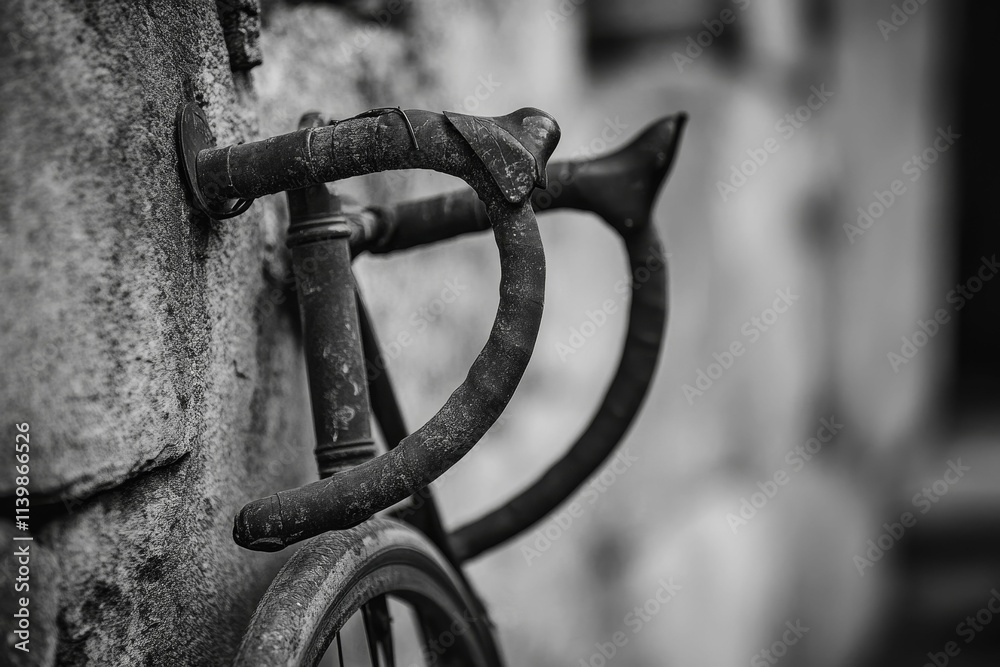 Dusty bicycle handlebars mounted on wall.