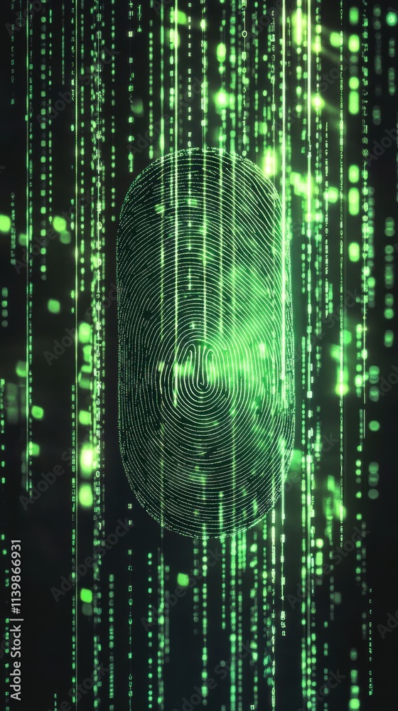 Futuristic fingerprint scanner with green data streams background Futuristic fingerprint scanner with green data streams background