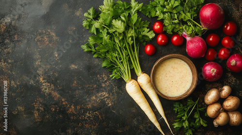 Food menu photography featuring parsnip veloute with radis and dressing in a stylish culinary presentation