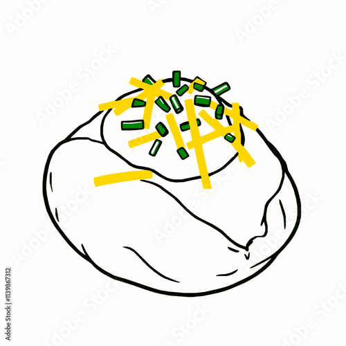 Baked Potato with Sour Cream and Chives – Black Outline Vector Illustration
