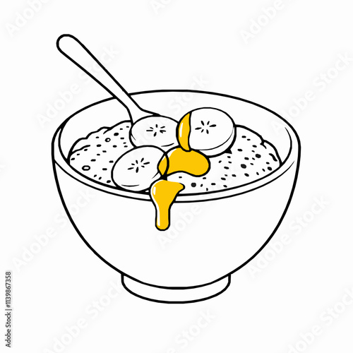 Banana Oatmeal with Honey Drizzle – Black Outline Vector Illustration