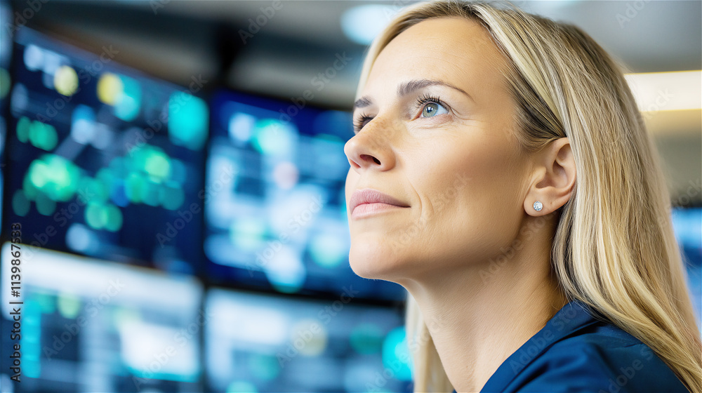 A focused female analyst works in a high-tech control center surrounded by glowing screens and data, representing technology and innovation. A focused female analyst works in a high-tech control center surrounded by glowing screens and data, representing technology and innovation.