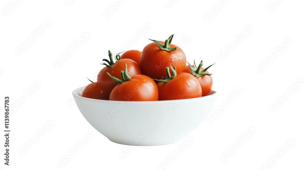 Fresh and Juicy Red Tomatoes in a White Bowl, Perfectly Arranged for Culinary Use, Showcasing Their Glossy Skin and Natural Green Stems for Recipe Inspiration Fresh and Juicy Red Tomatoes in a White Bowl, Perfectly Arranged for Culinary Use, Showcasing Their Glossy Skin and Natural Green Stems for Recipe Inspiration