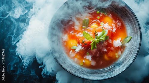 Ocean mist consomme photography food menu bowl soup with smoke and culinary artistry for stock imagery