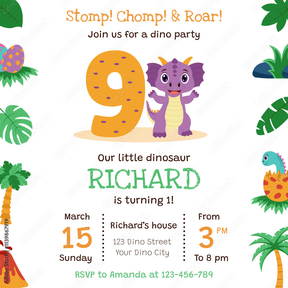 Dinosaur invitation. Birthday party invitation card with dinosaur and birthday anniversary number. Dinosaur invitation. Birthday party invitation card with dinosaur and birthday anniversary number.