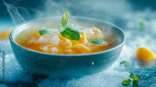 Food menu photography bowl of consomme with ocean mist and leaf on top gourmet culinary presentation