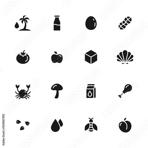 Set allergen free icons. Allergen free products. Products warning symbols. Lactose, gluten, sugar, palm oil, egg, trans fat, soy, nuts free, peach sign.