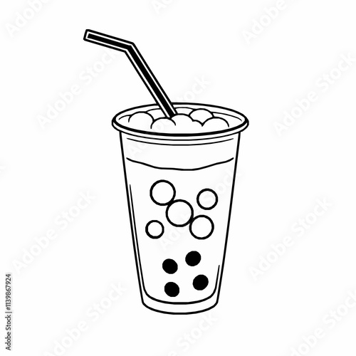 Bubble Tea with Tapioca Pearls – Black Outline Vector Illustration