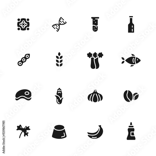 Allergen product food free icons set vector. gluten organic, product gmo, label cosmetic, meat, beef, celery, wheat allergen product food free glyph pictogram Illustrations