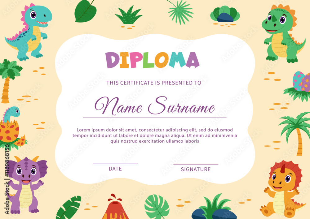 Dinosaur diploma, certificate. Template with dinosaurs and tropical plants. Dinosaur diploma, certificate. Template with dinosaurs and tropical plants.
