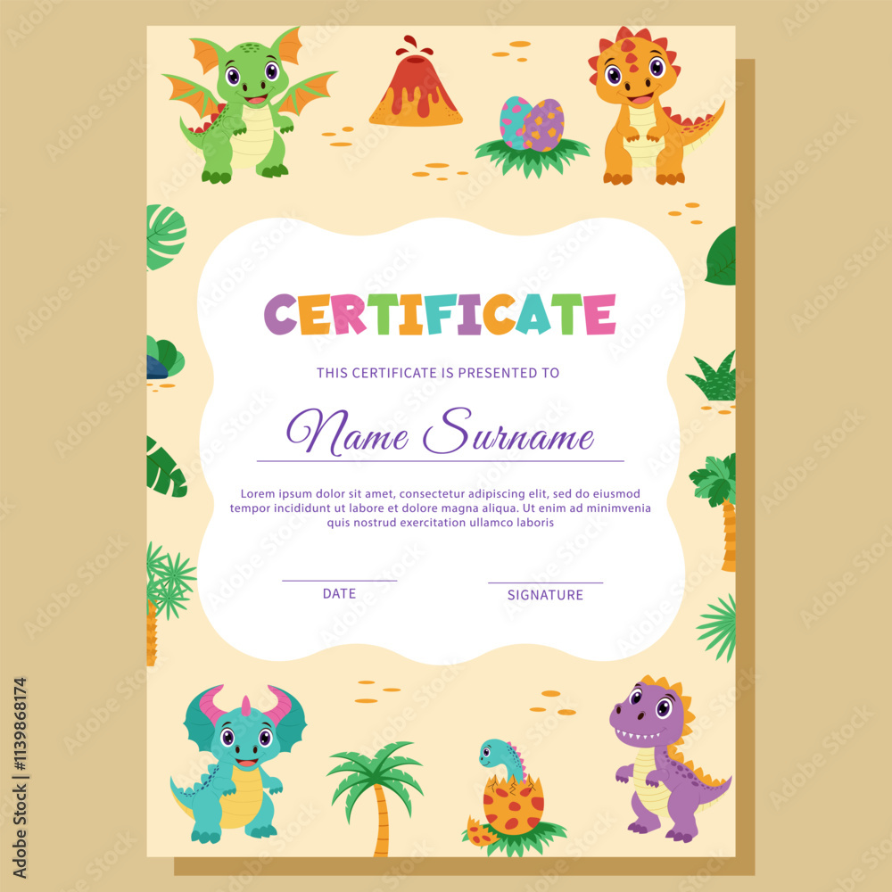 Fototapeta premium Dinosaur diploma, certificate. Template with dinosaurs and tropical plants.