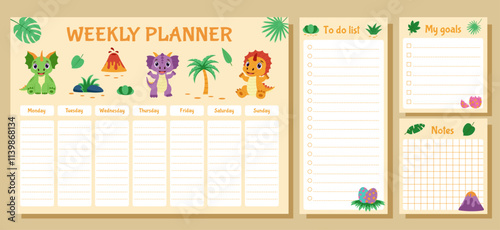 Dinosaur set of weekly planner, to do list, goals and notes. Set with dinosaurs and tropical plants.