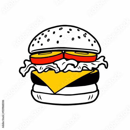 Cheeseburger with Lettuce and Tomato – Black Outline Vector Illustration
