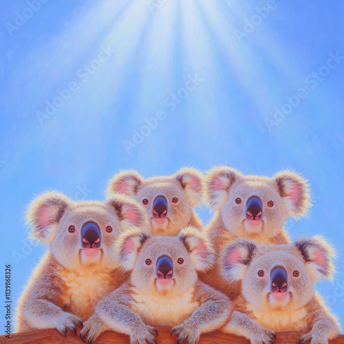 Five adorable koalas against a bright blue sky. photo