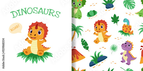 Dinosaur seamless pattern. Pattern with dinosaurs and tropical plants.