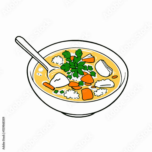 Chicken and Rice Soup with Vegetables – Black Outline Vector Illustration