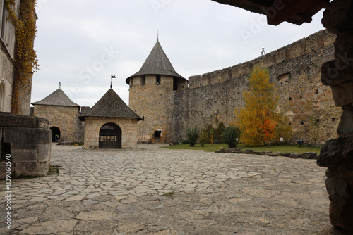 Khotyn fortess, castle in Ukraine in autumn. One of seven wonders of Ukraine. Exterior view of Khotyn Fortress, fortification complex on Dniester bank in Khotyn town, outdoors photo