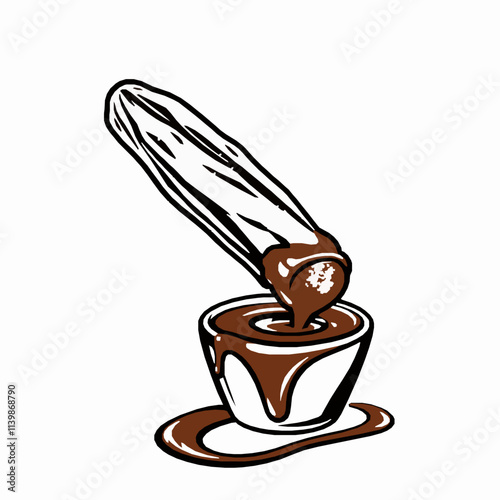 Churro with Chocolate Sauce – Black Outline Vector Illustration